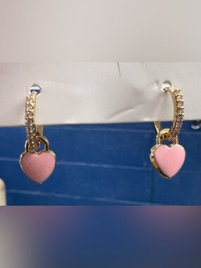 NWOT Gold and Pink Heart Hoop Earrings